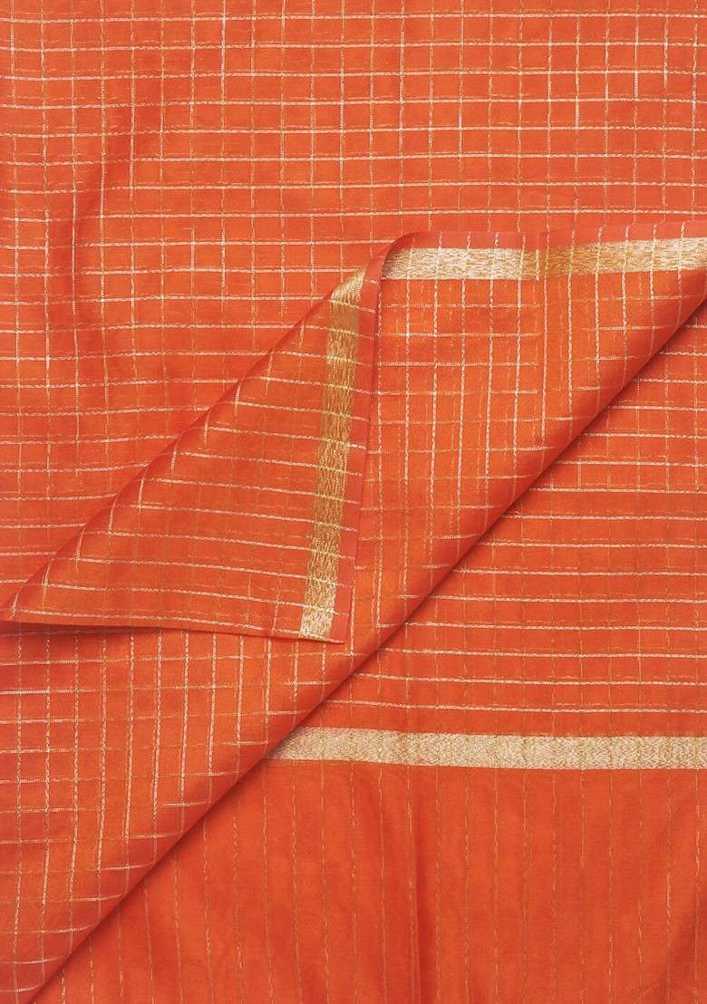 Orange And Gold Toned Checked Dupatta - Indya