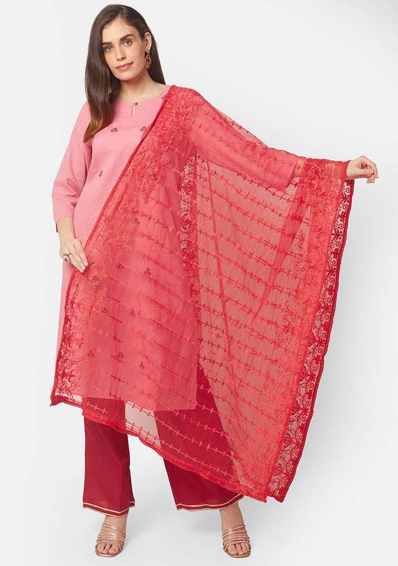 Red Embroidered Dupatta - Indya