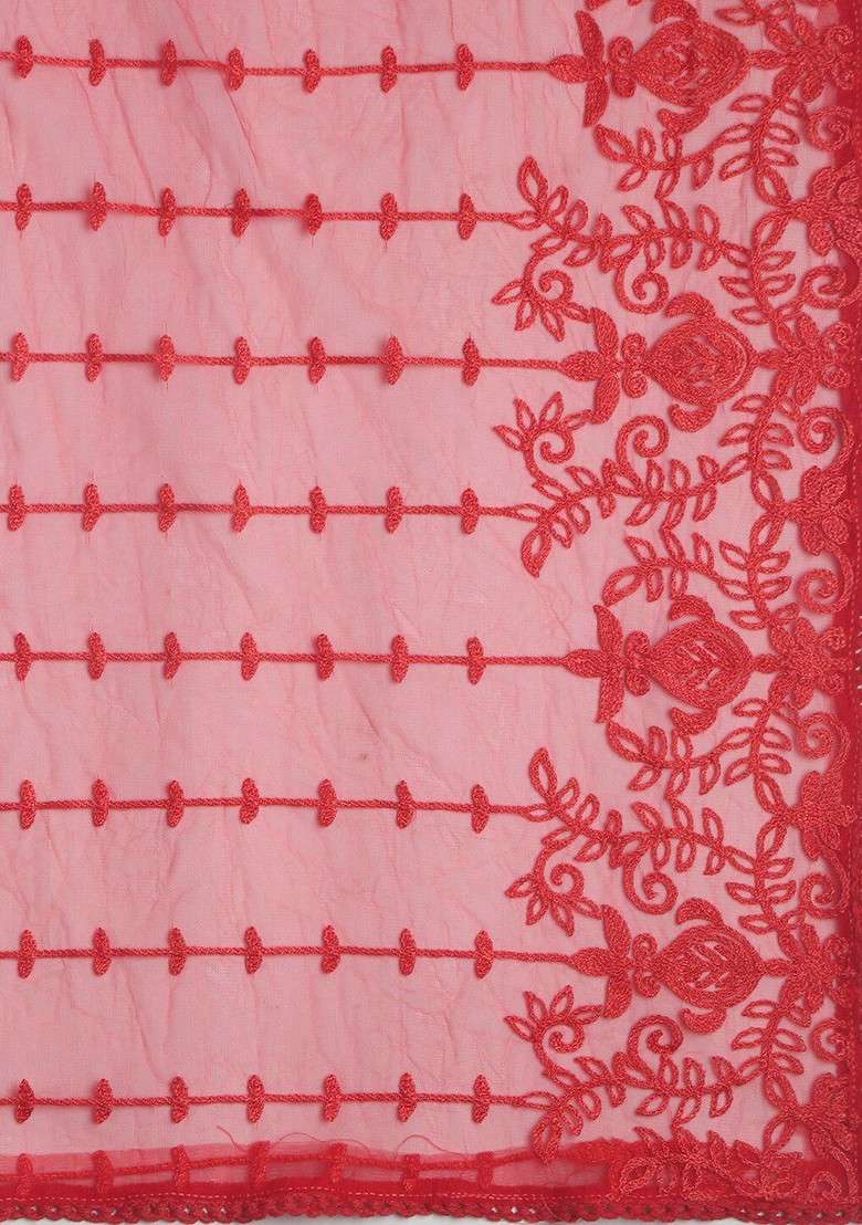 Red Embroidered Dupatta - Indya