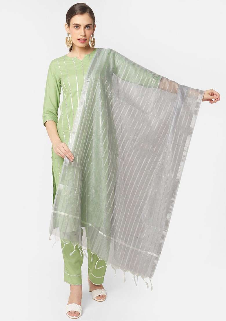 Grey Woven Design Dupatta - Indya