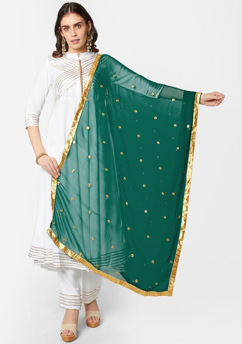 Green And Gold Toned Embroidered Dupatta With Thread Work