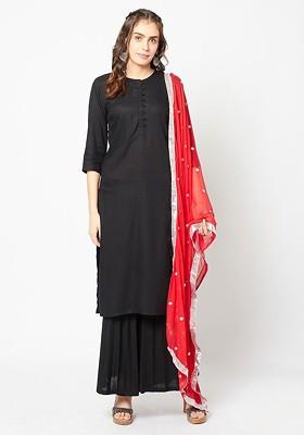 Red And Silver Toned Embroidered Dupatta With Gotta Patti