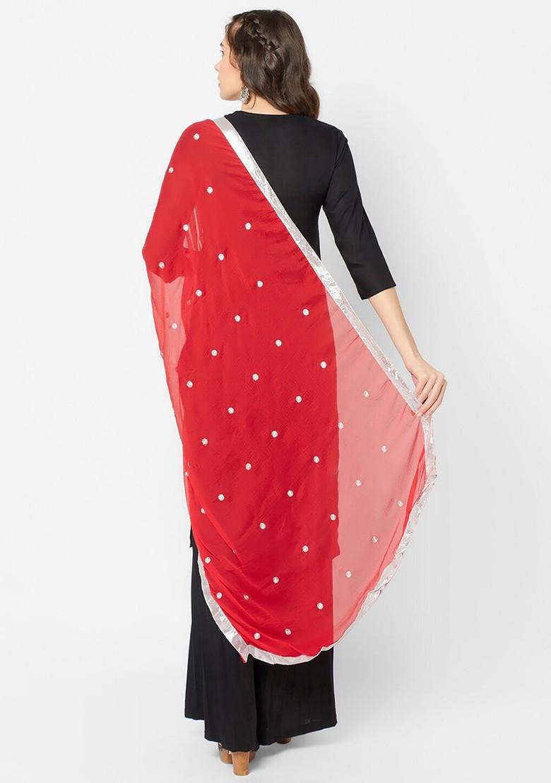 Red And Silver Toned Embroidered Dupatta With Gotta Patti