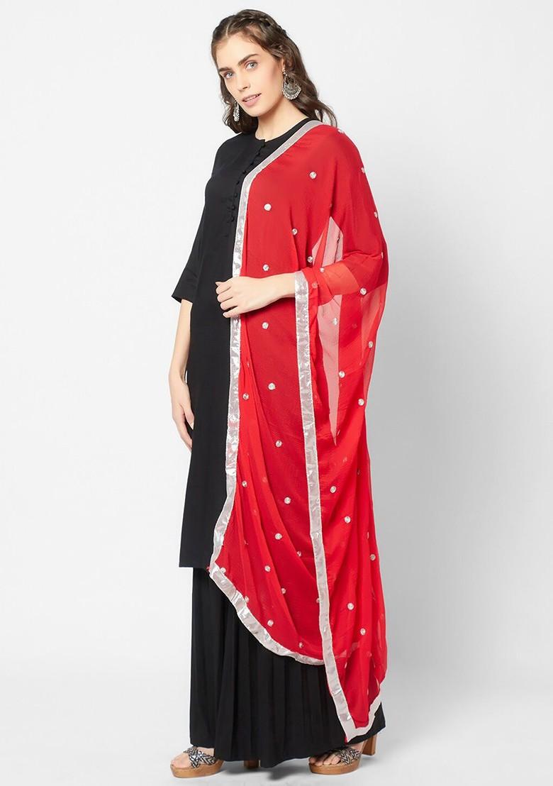 Red And Silver Toned Embroidered Dupatta With Gotta Patti