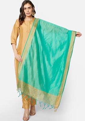 Sea Green And Gold Toned Cotton Silk Dupatta With Zari