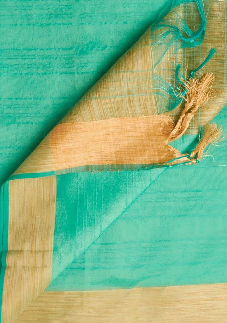 Sea Green And Gold Toned Cotton Silk Dupatta With Zari