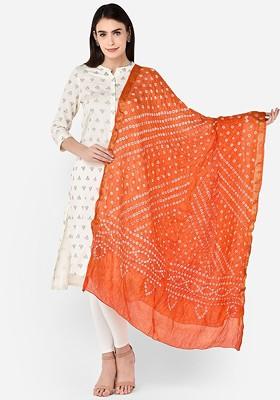 Orange And White Printed Bandhini Silk Blend Dupatta