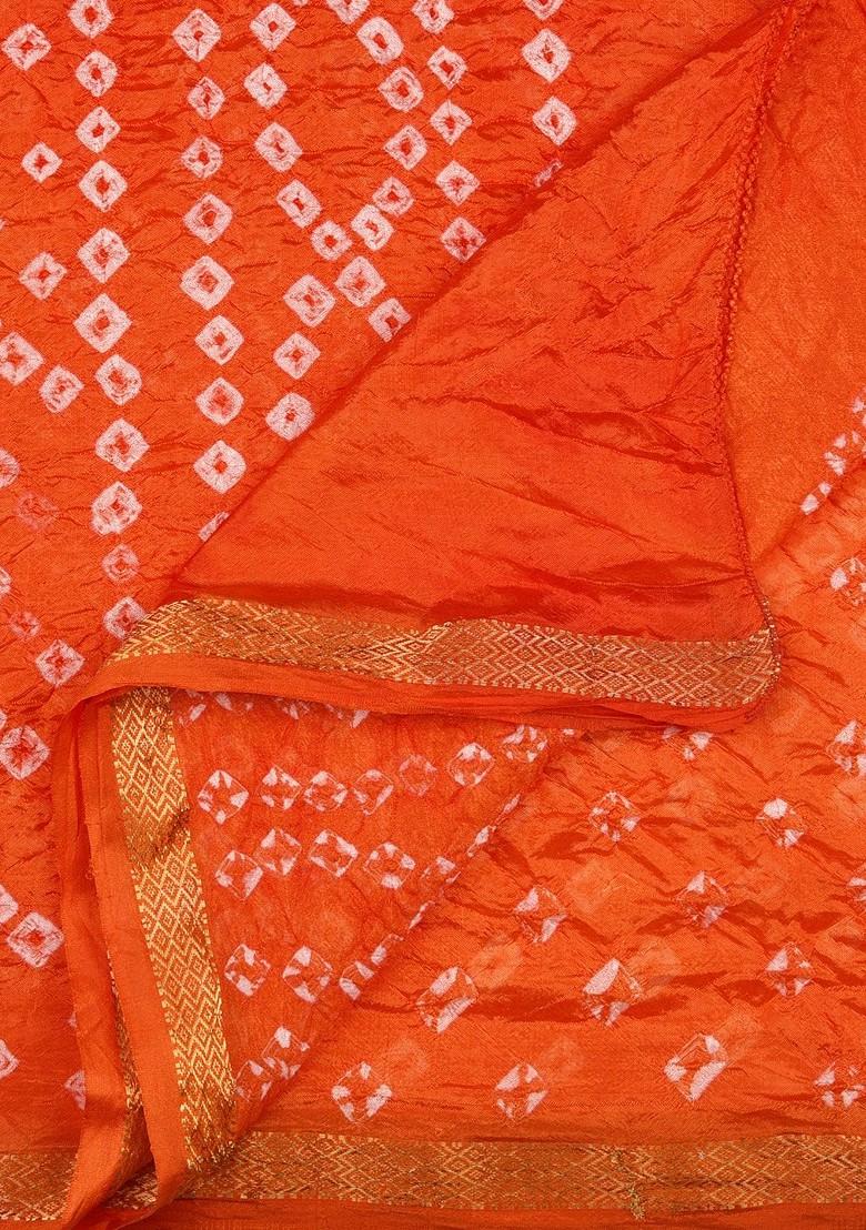Orange And White Printed Bandhini Silk Blend Dupatta