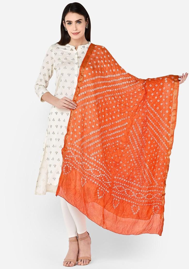 Orange And White Printed Bandhini Silk Blend Dupatta