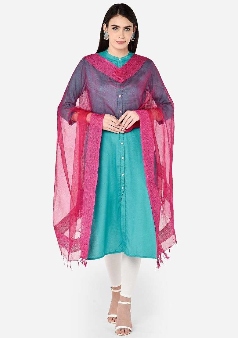Fuchsia Solid Organza Jute Border Dupatta - Indya