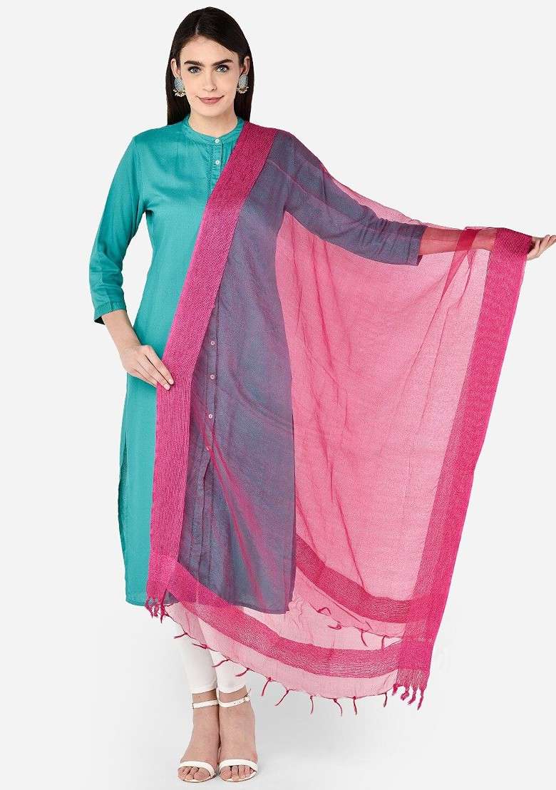 Fuchsia Solid Organza Jute Border Dupatta - Indya