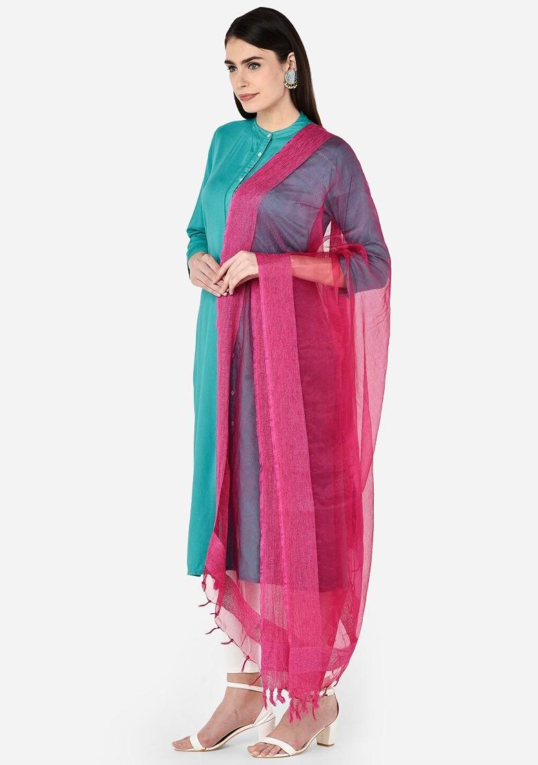 Fuchsia Solid Organza Jute Border Dupatta