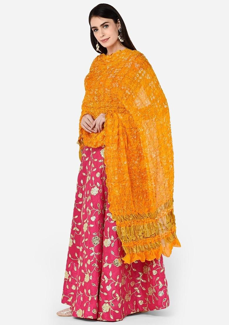 Orange And Gold Toned Bandhini Gharchola Dupatta