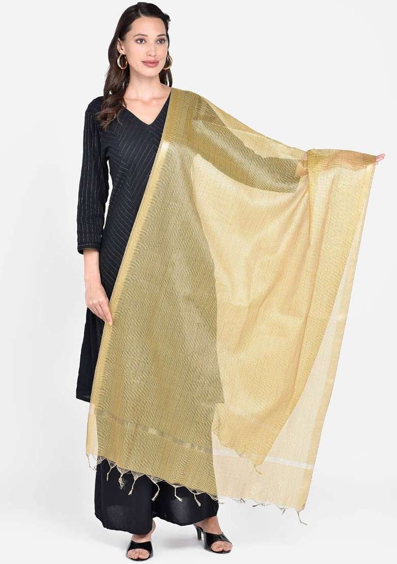 Gold Coloured Woven Design Dupatta - Indya