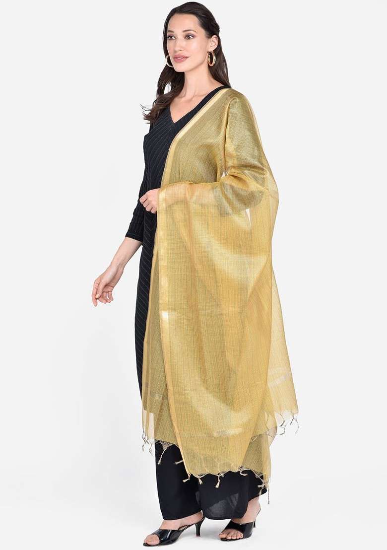 Gold Coloured Woven Design Dupatta - Indya