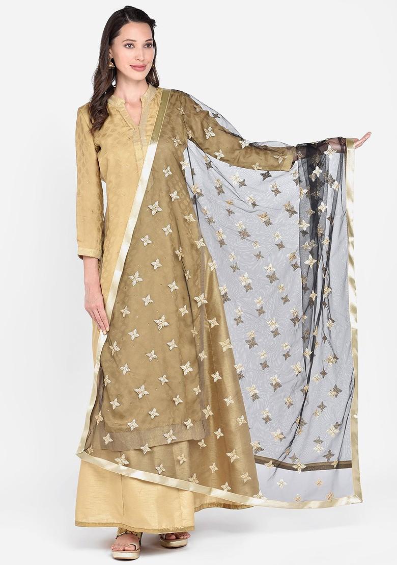 Black And Gold Toned Embroidered Dupatta