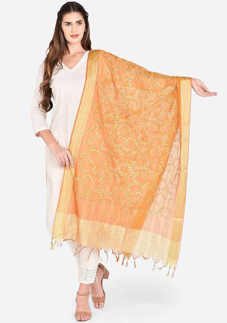Orange Embroidered Dupatta - Indya