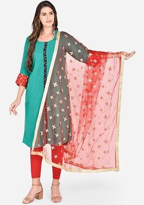 Red And Gold Toned Embroidered Dupatta