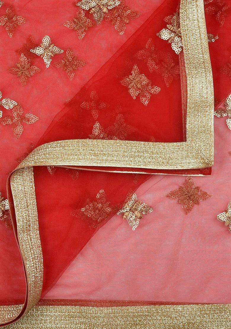 Red And Gold Toned Embroidered Dupatta