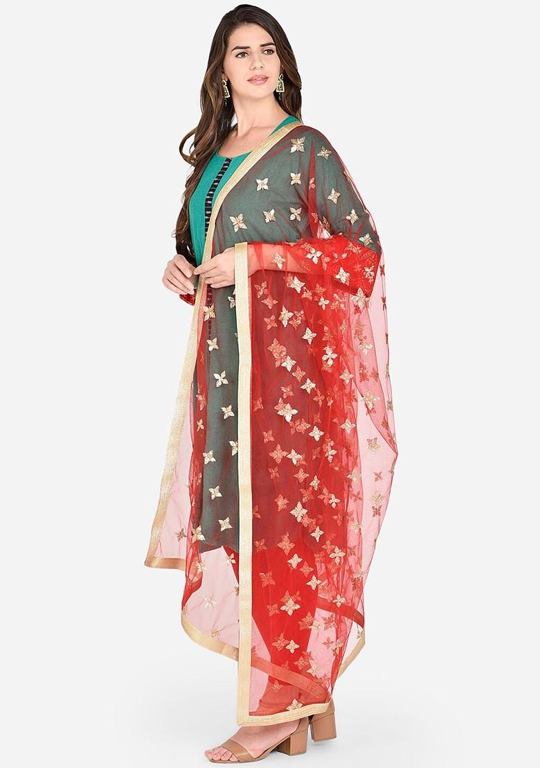 Red And Gold Toned Embroidered Dupatta