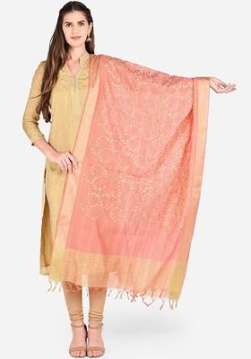 Peach Coloured Embroidered Dupatta