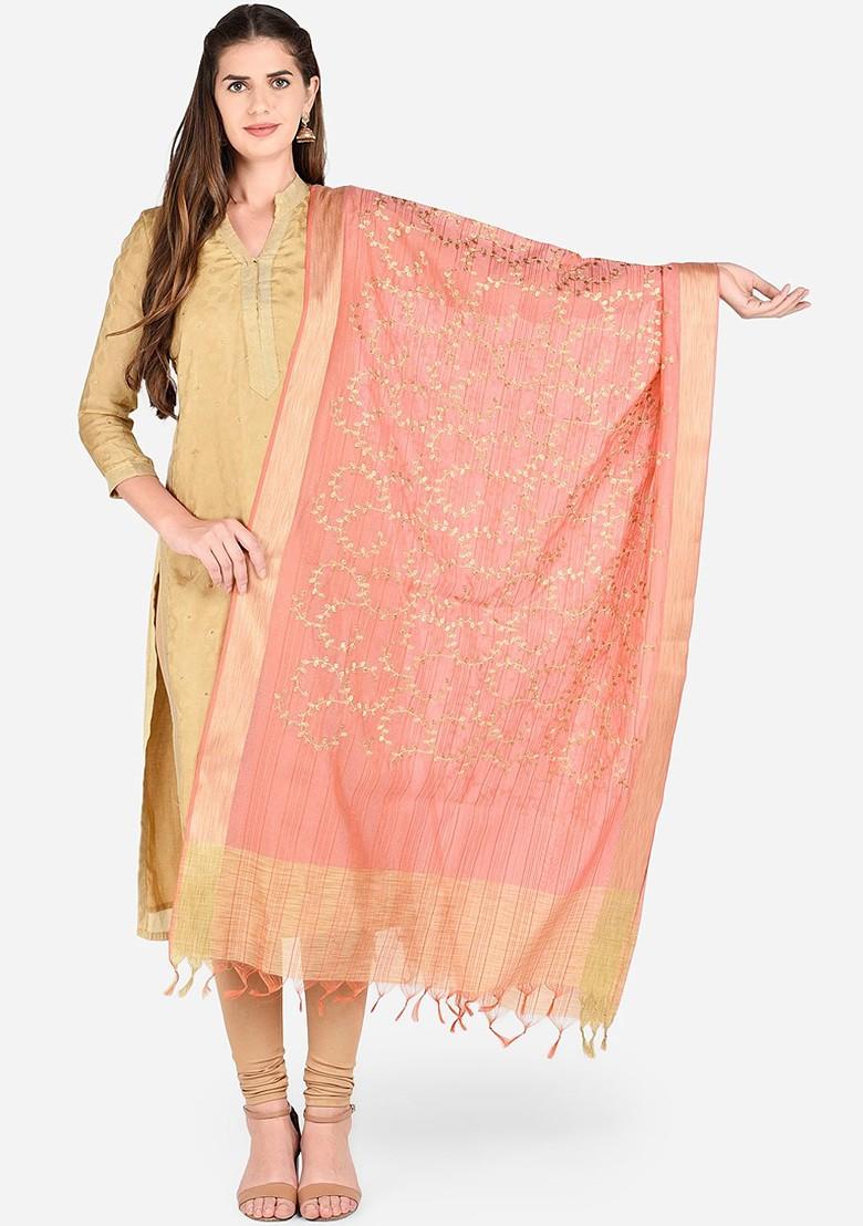Peach Coloured Embroidered Dupatta