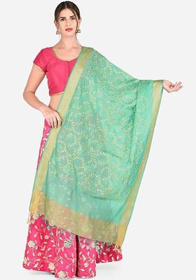 Sea Green And Gold Toned Embroidered Dupatta