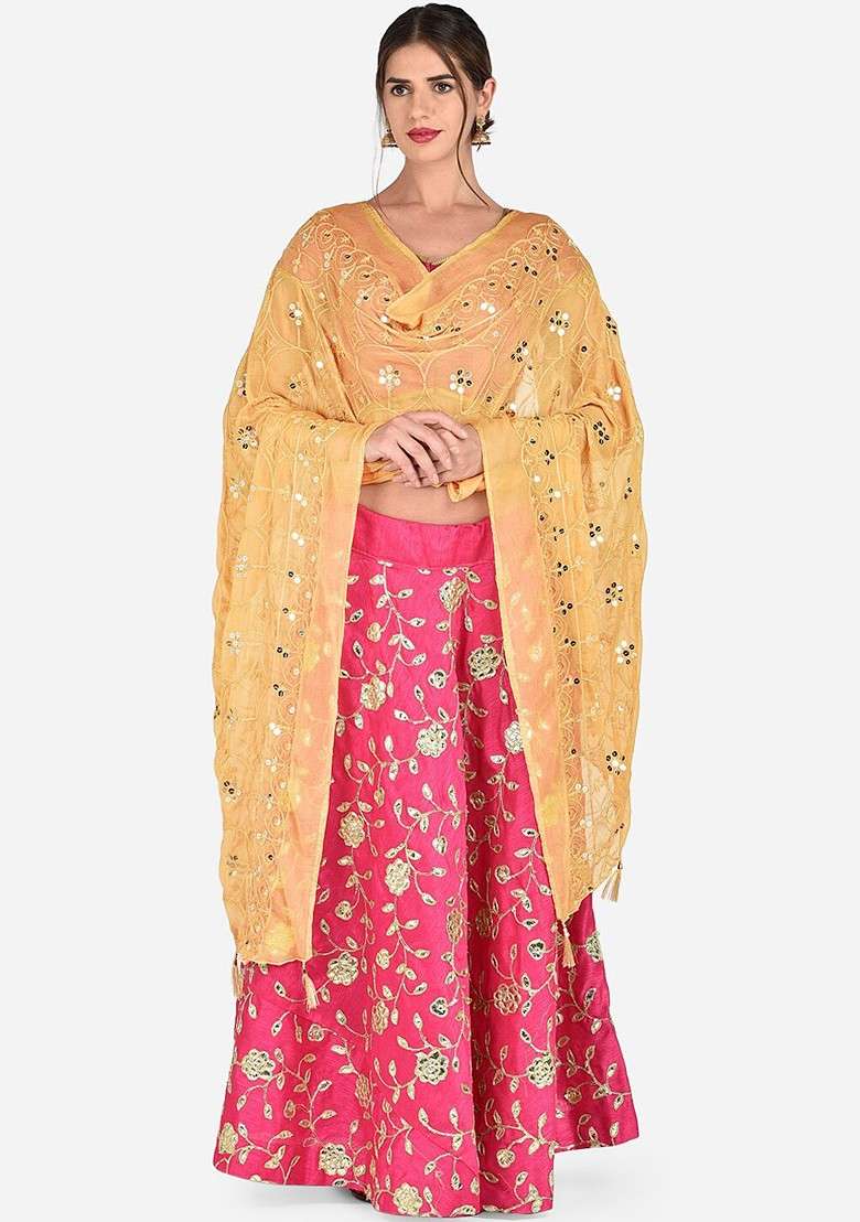 Beige Embroidered Chiffon Dupatta - Indya