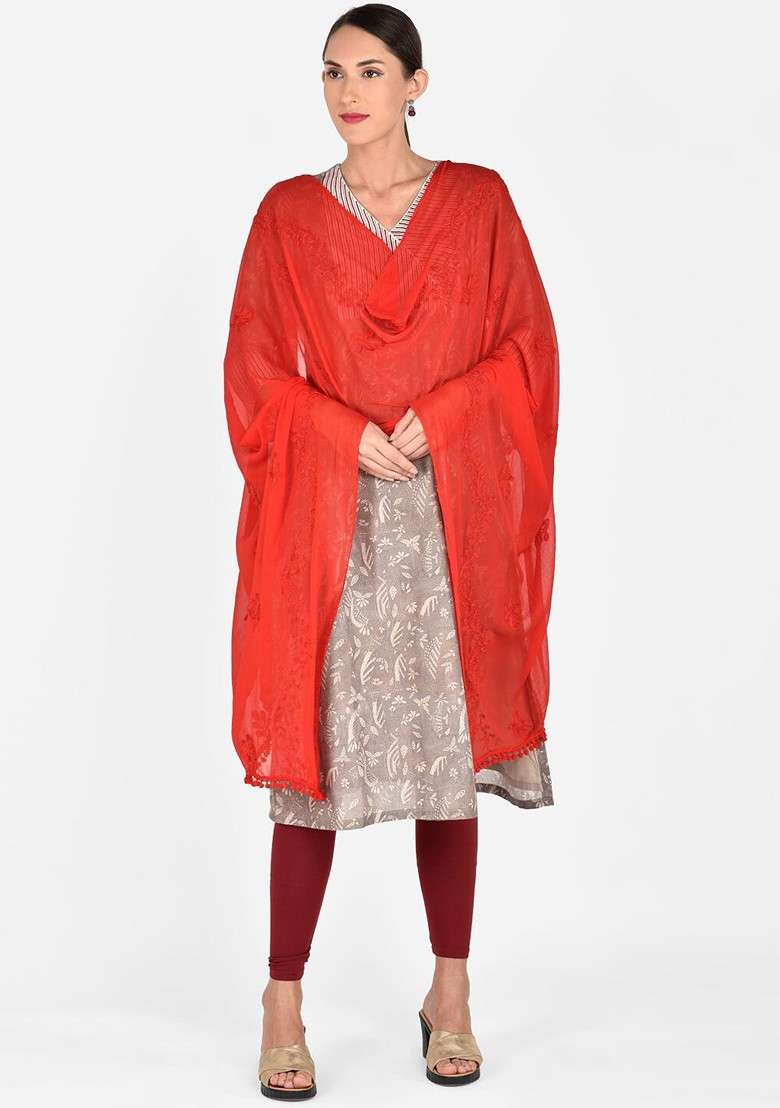 Red Embroidered Dupatta - Indya