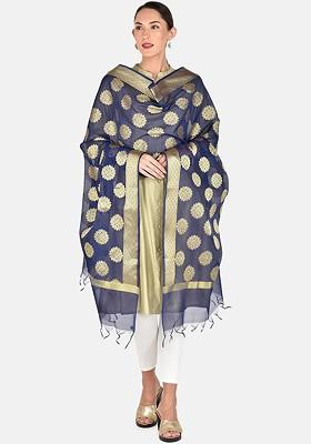 Navy Blue And Gold Toned Woven Design Dupatta