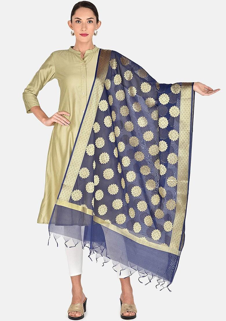 Navy Blue And Gold Toned Woven Design Dupatta
