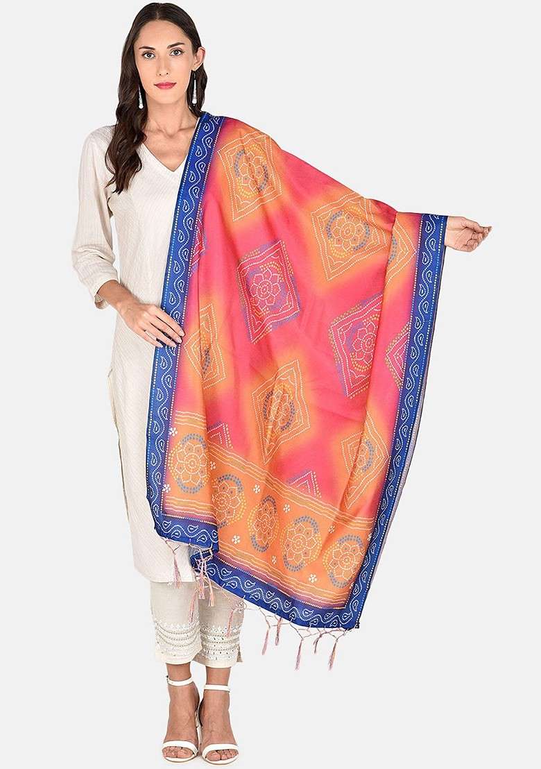 Peach And Blue Printed Dupatta - Indya