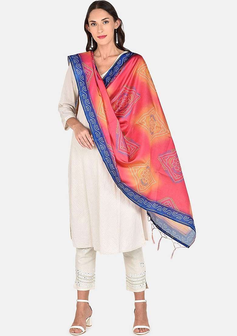 Peach And Blue Printed Dupatta - Indya