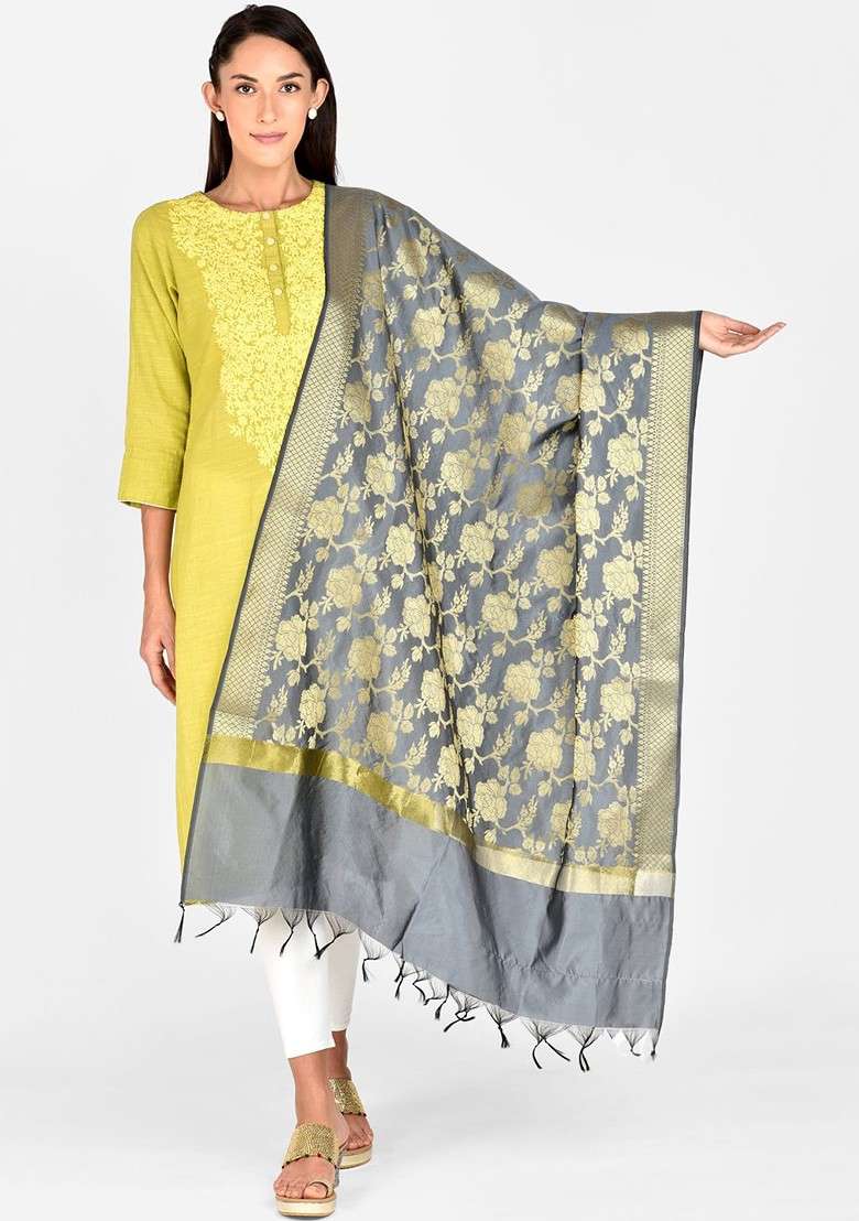 Grey And Gold Toned Woven Design Dupatta - Indya