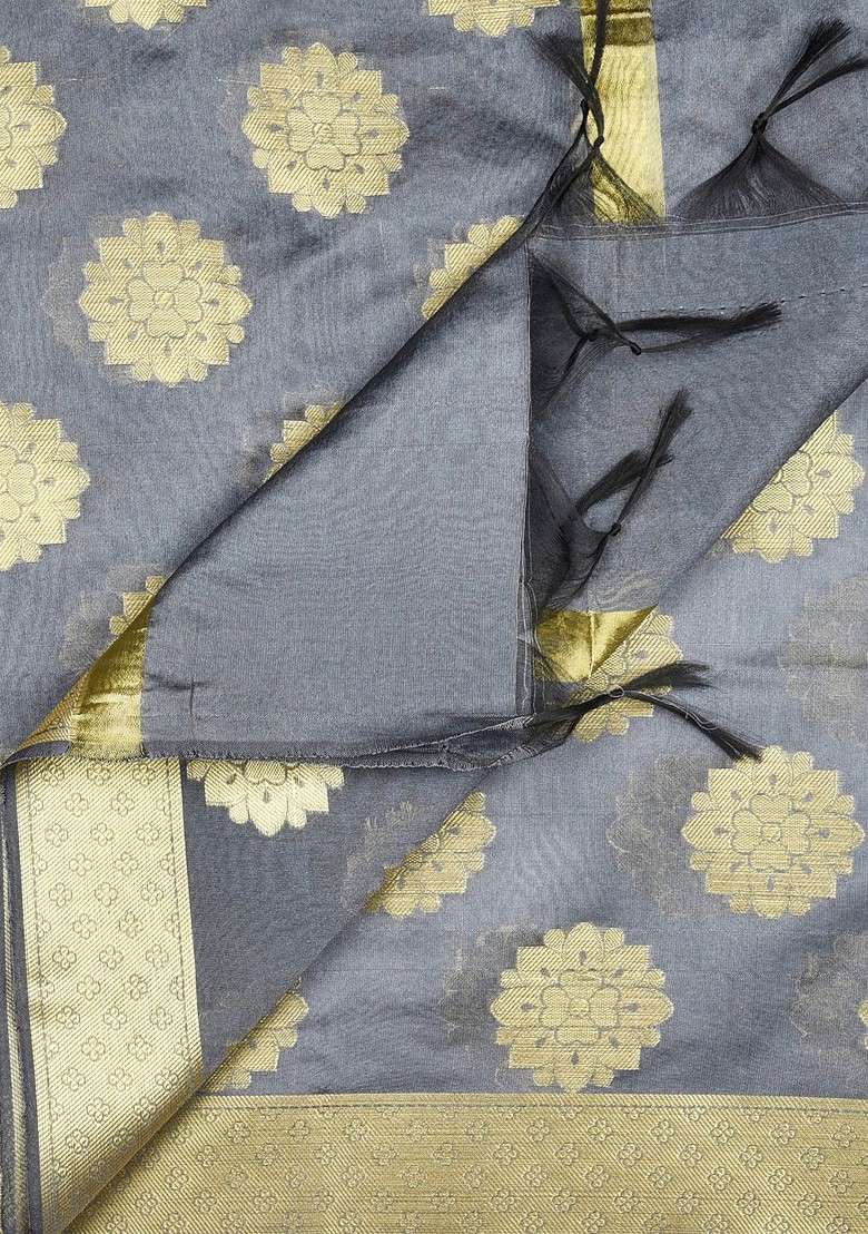 Grey And Gold Toned Woven Design Dupatta - Indya