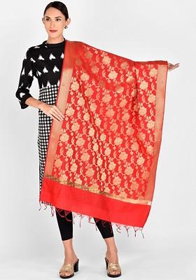 Red And Gold Toned Woven Design Dupatta