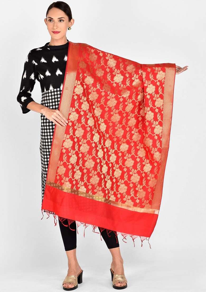 Red And Gold Toned Woven Design Dupatta - Indya