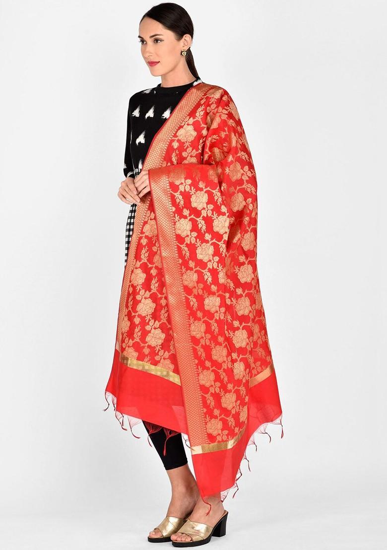 Red And Gold Toned Woven Design Dupatta