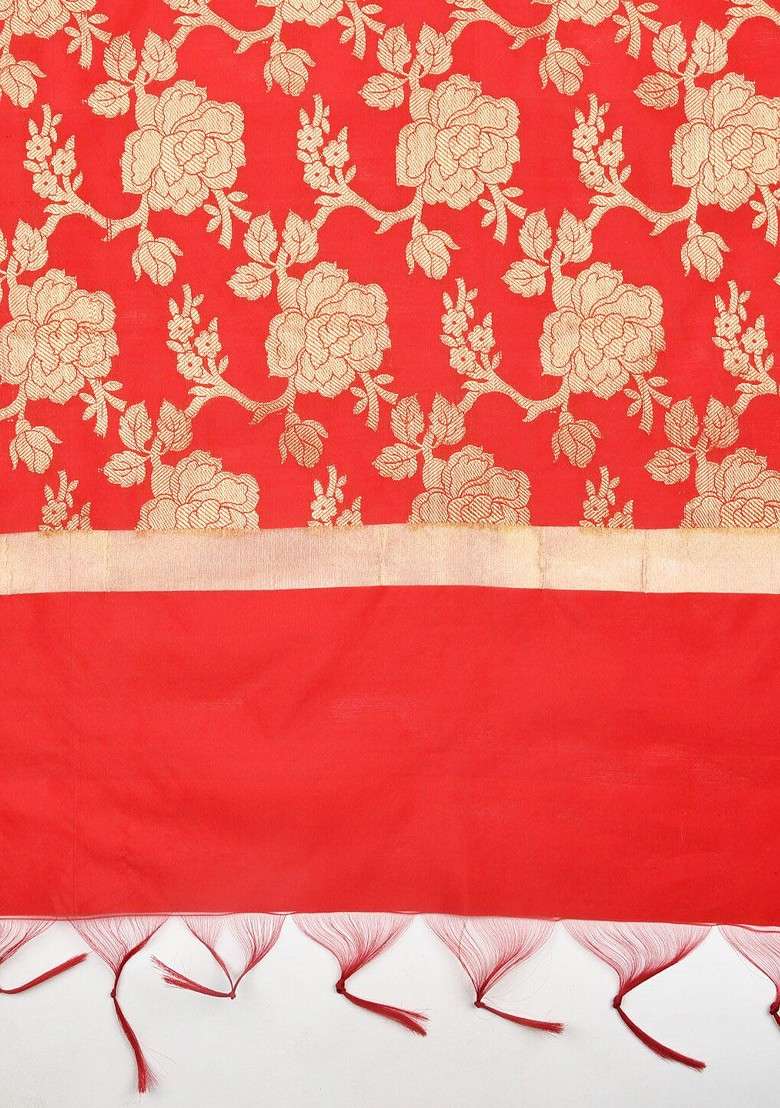Red And Gold Toned Woven Design Dupatta - Indya