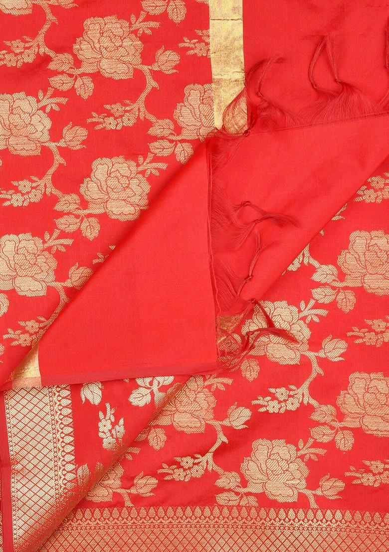 Red And Gold Toned Woven Design Dupatta