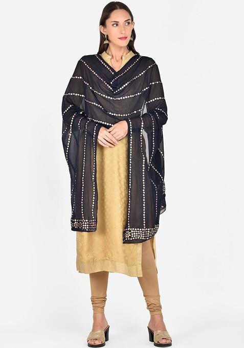 Navy Blue And Gold Toned Embroidered Dupatta