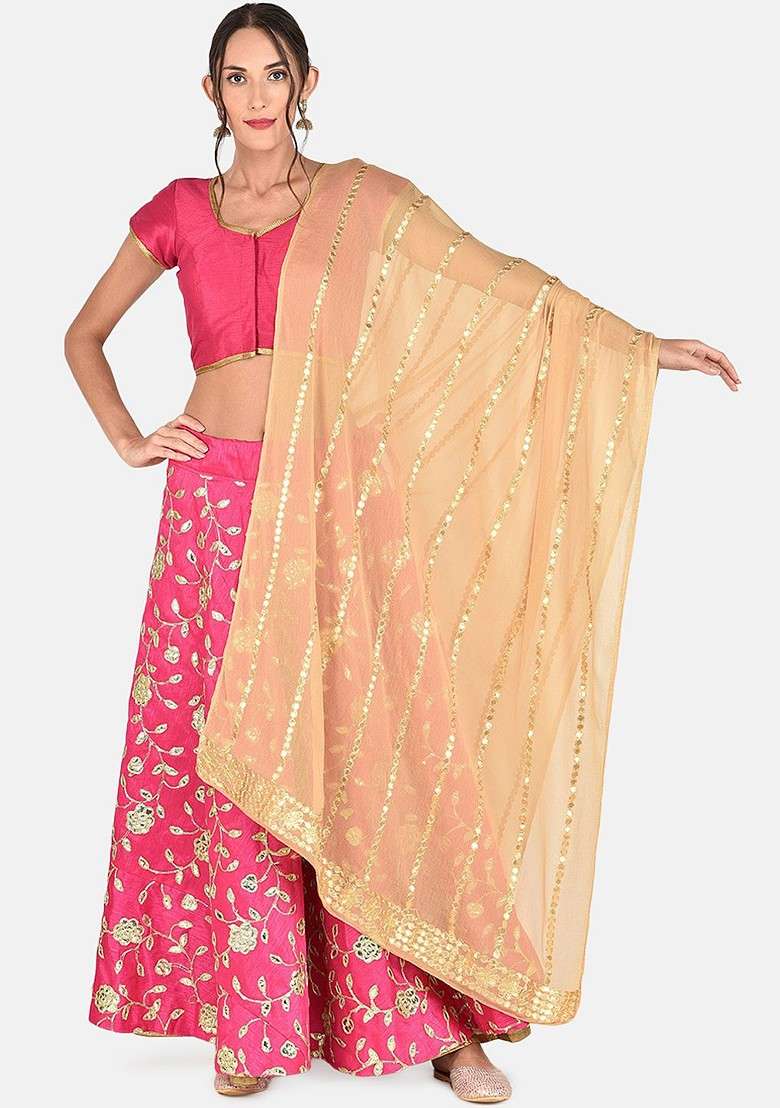 Beige And Gold Toned Embroidered Dupatta - Indya