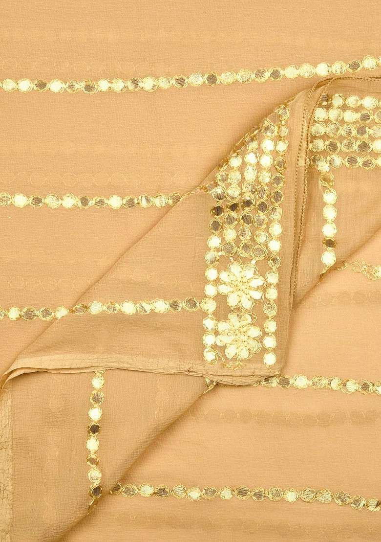 Beige And Gold Toned Embroidered Dupatta - Indya