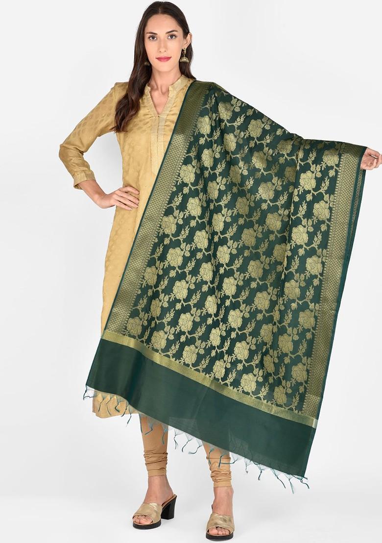 Green And Gold Woven Design Dupatta