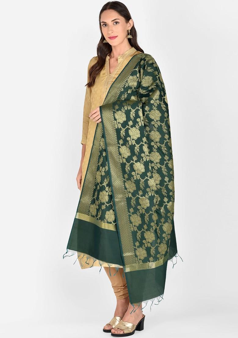 Green And Gold Woven Design Dupatta