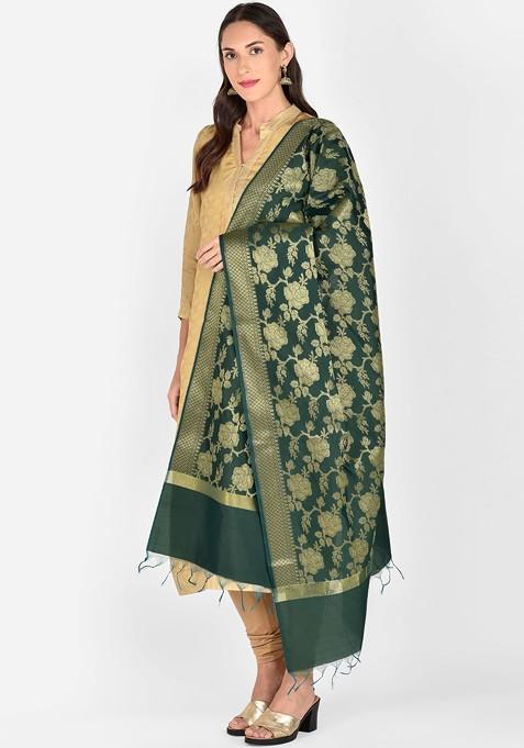 Green And Gold Woven Design Dupatta