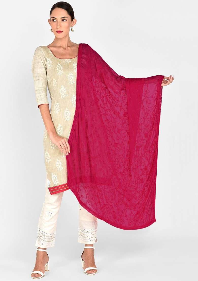Fuchsia Pink Embroidered Dupatta - Indya