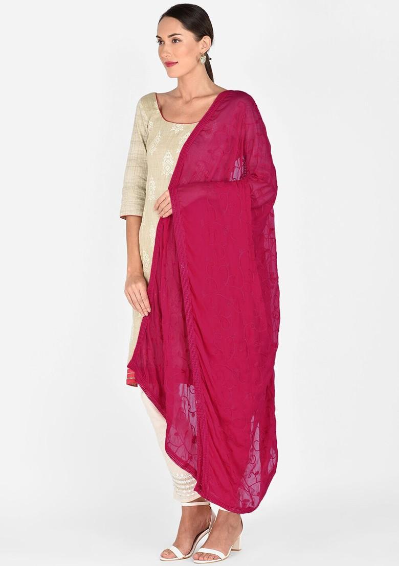 Fuchsia Pink Embroidered Dupatta