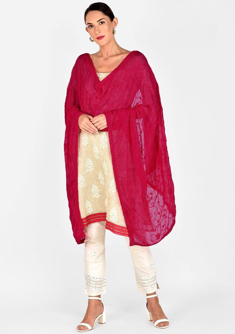 Fuchsia Pink Embroidered Dupatta