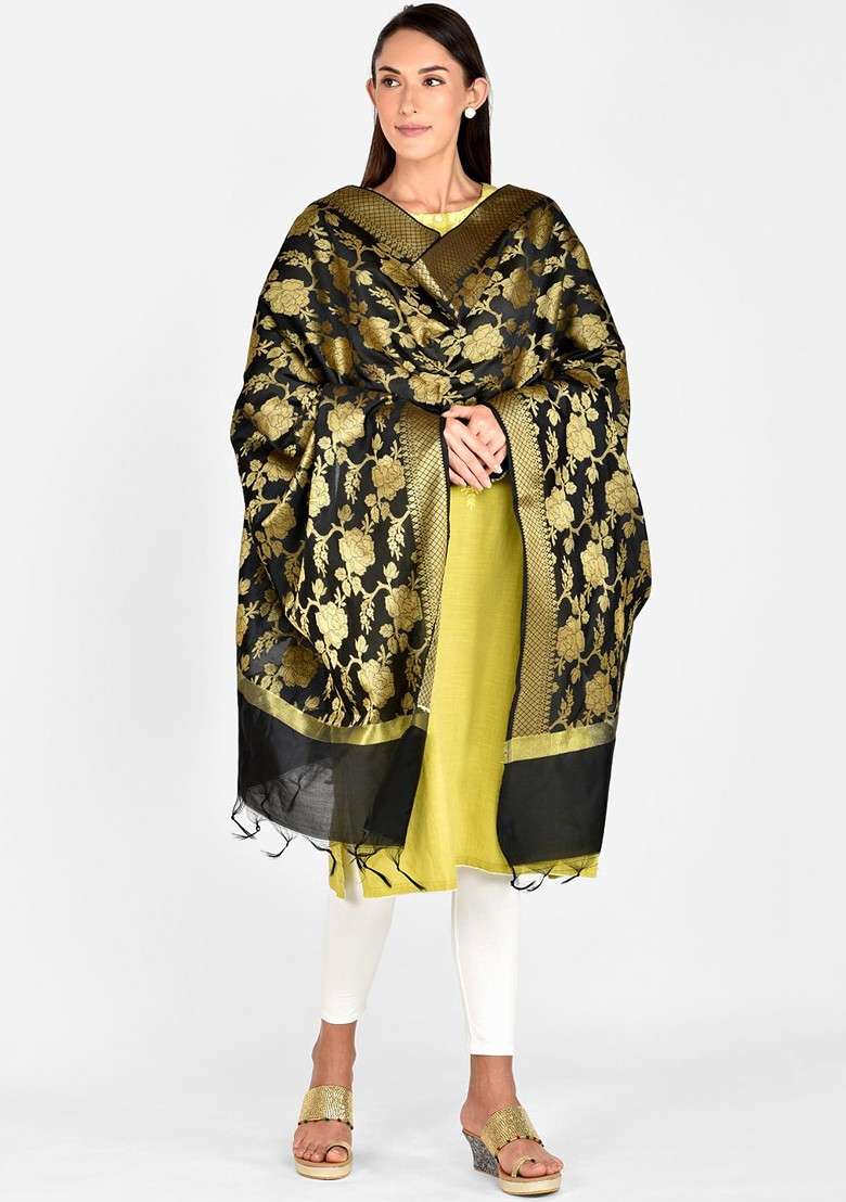 Black And Gold Toned Woven Design Dupatta - Indya